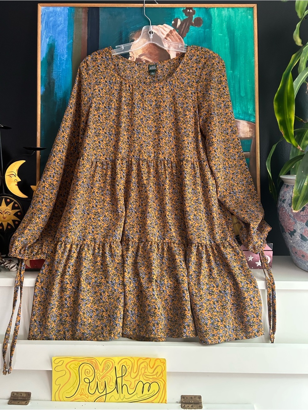 Wild Fable Mustard Floral Tiered Midi Dress Women’s Medium Boho Cottagecore